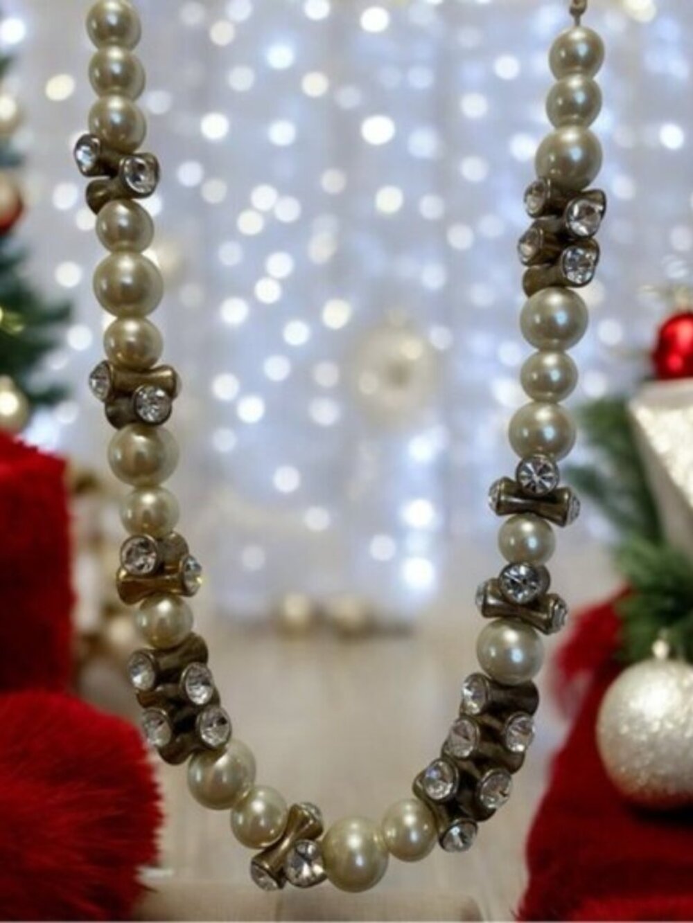 Vintage J. Crew Gold Tone Faux Pearl & Crystal Tie Back Statement Necklace 51"